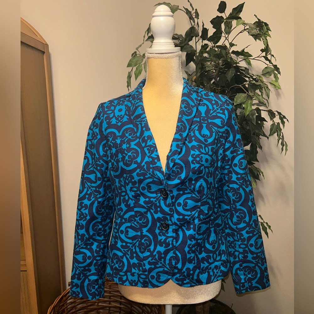 Talbots Medallion-Print Blazer in Bright Blue Cotton Blend Fabric Sz 4P